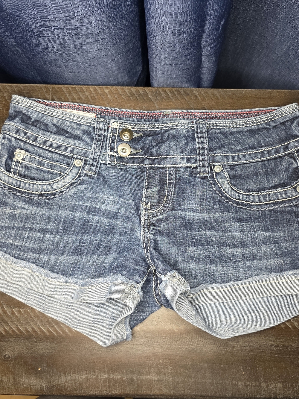 1st Kiss Blue Denim Cutoff Shorts with Rolled Hem & Y2K double-button Waste Band